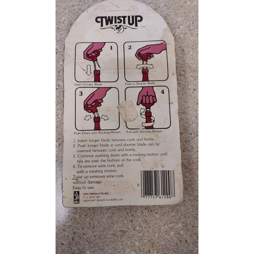 Twist Up Cork Puller Wine Opener OS Burgundy New Vintage 80s Barware Ah-So USA